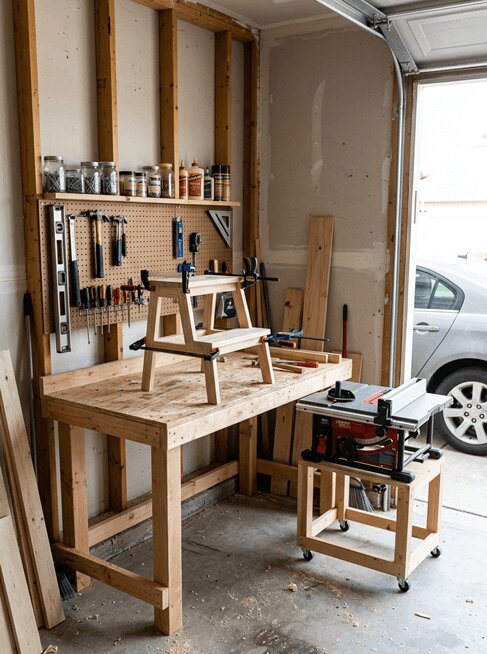 A one-car garage set up as a compact woodworking shop, with a wall-mounted tool board, workbench, and mobile table saw