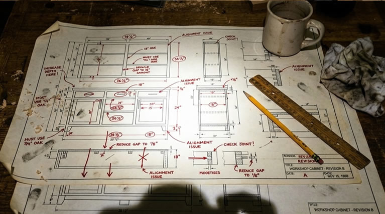 A hand-marked plan revision sheet with alignment corrections, next to a coffee mug on a workbench