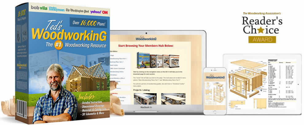 TedsWoodworking product box, members area preview, and Reader's Choice Award badge